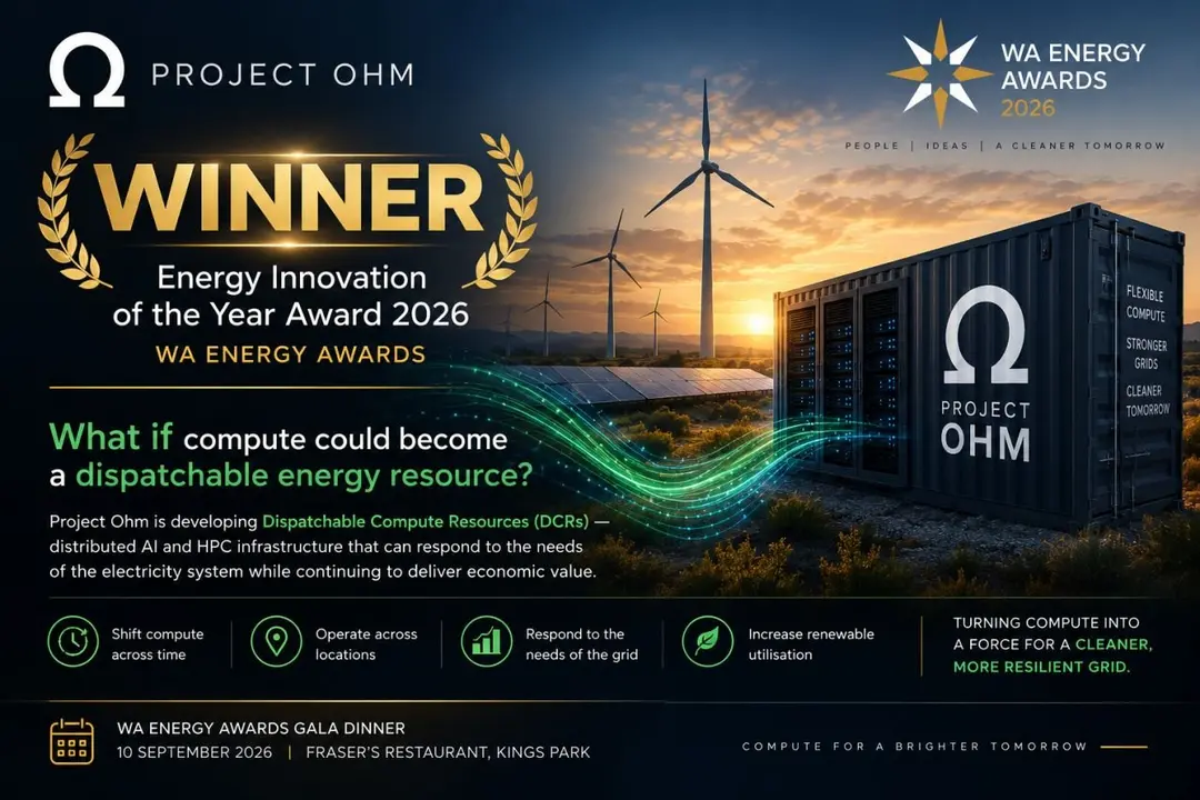 Big Winner text Energy Innovation of the Year Award. A summary of what Project Ohm does, with a node with the Project Ohm logo in the background